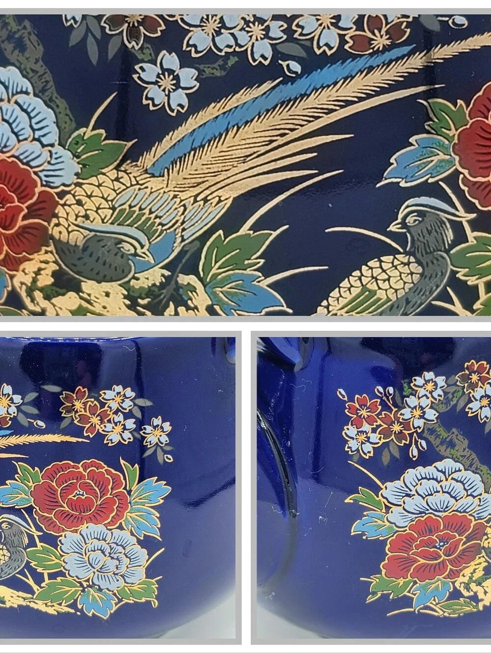 Japanese Cobalt Blue Tea Set Kutani Style Gold Pheasant Teapot Cups Vintage